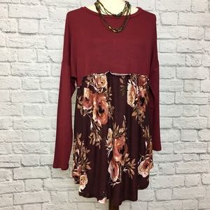 Acting Pro baby doll top, maroon & cream, M